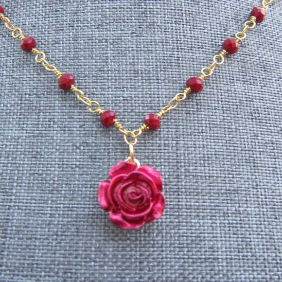 Double Hung Rosary Inspired Necklace Gold Red Rose Cross - Picture 3 of 4